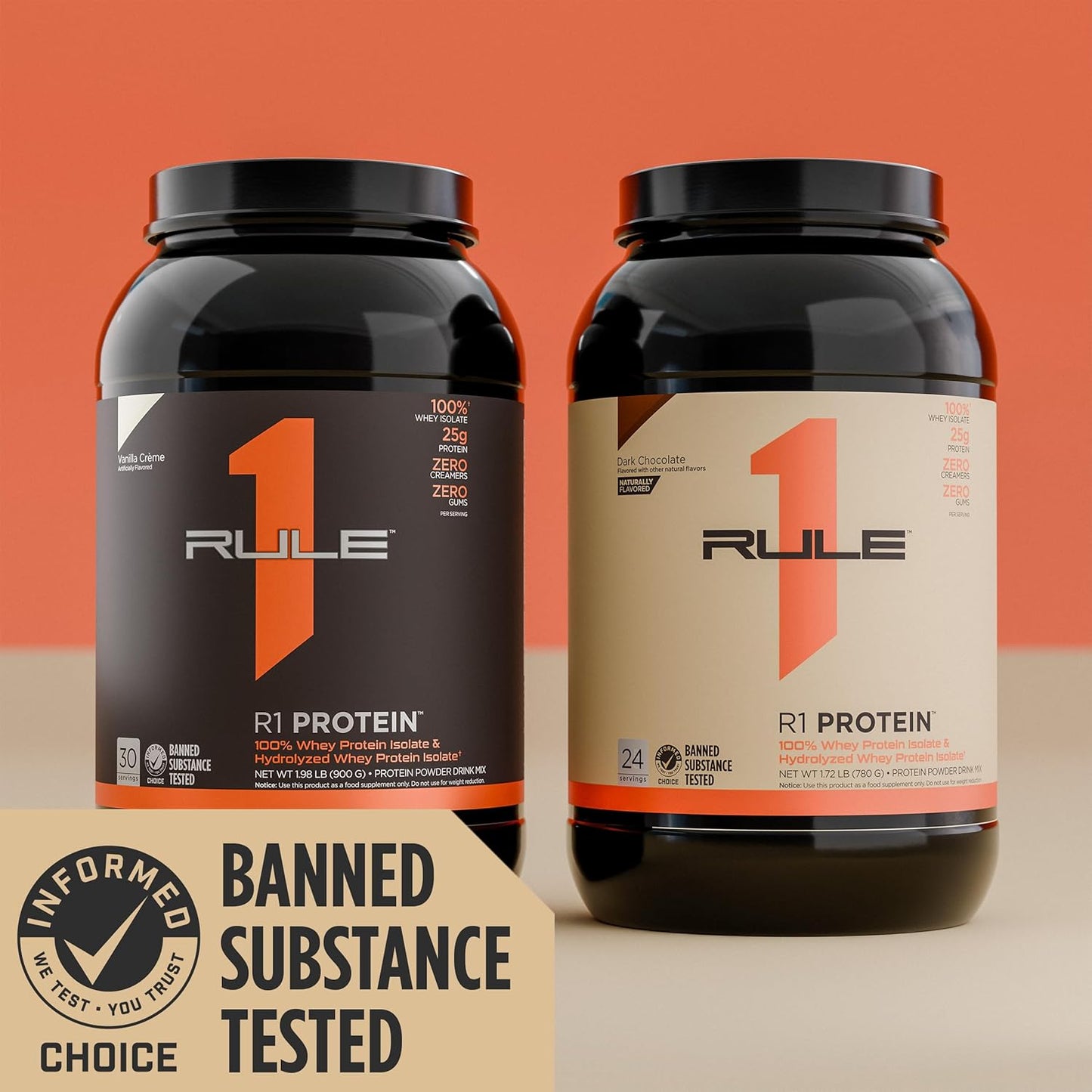 Rule One Proteins R1 Protein - Natural Dark Chocolate Flavored Whey Isolate Powder with 25g Protein & 6g BCAAs, 4.3 lb