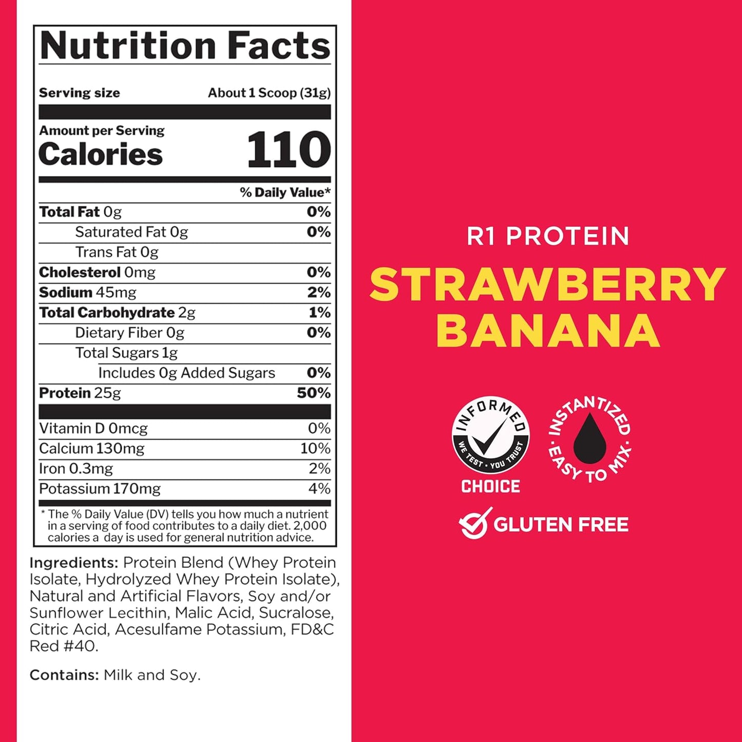 Rule One Proteins R1 Protein Powder - 25g Fast-Acting Isolate & Hydrolysate Protein with 6g BCAAs (5lb, Strawberry Banana)