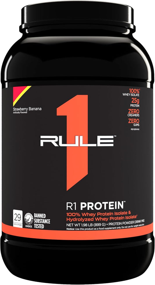 Rule One Proteins R1 Protein Powder - 25g Isolate & Hydrolysate Protein with 6g BCAAs, Fast-Acting Formula (2lb, Strawberry Banana)