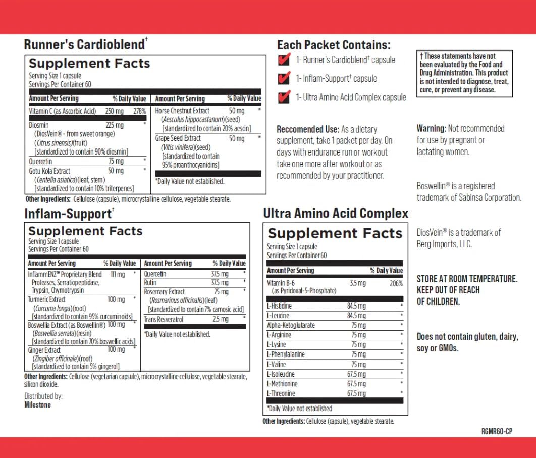 Running Recovery Pack - Boost Marathon Training Nutrition, Recover Faster & Enhance Energy Levels with Endurance Supplement - 60 Packets & 180 Capsules