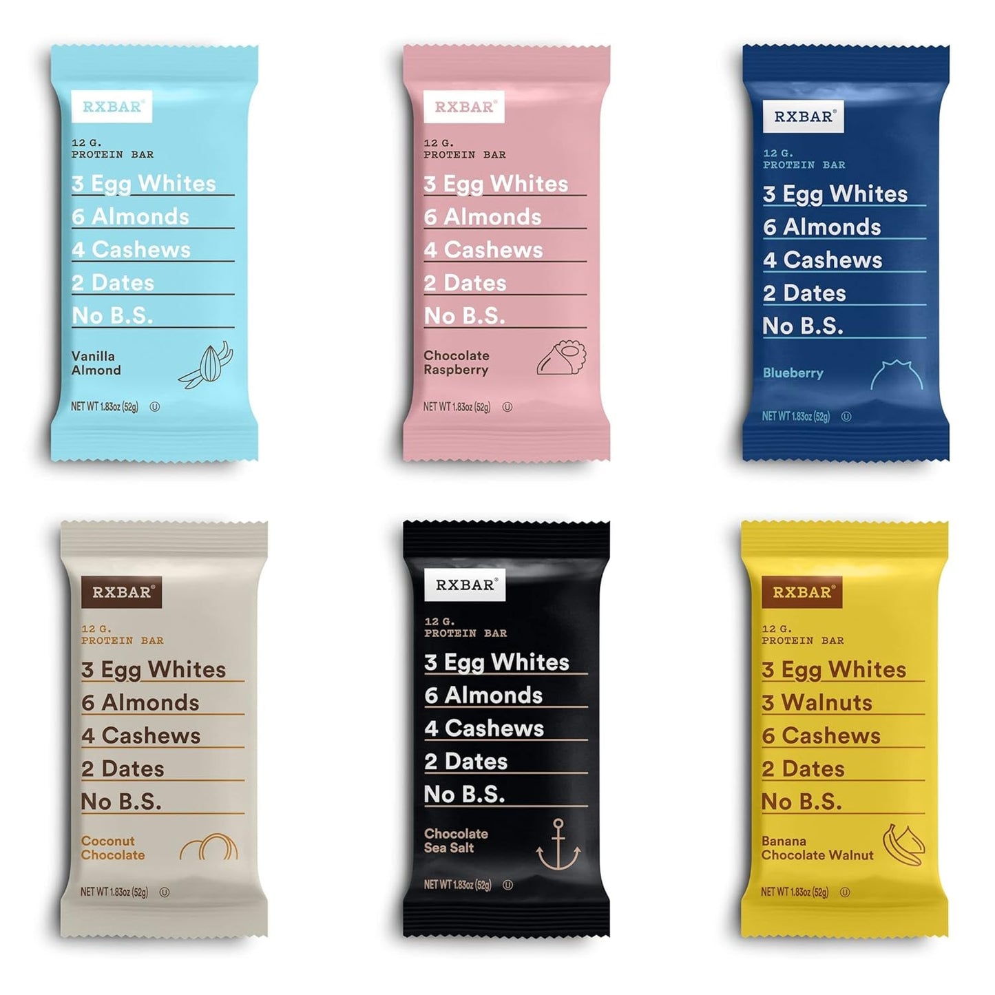 RXBAR Protein Bar Variety Pack - 1.83oz Bars, 6 Flavors - 12 Count Pack