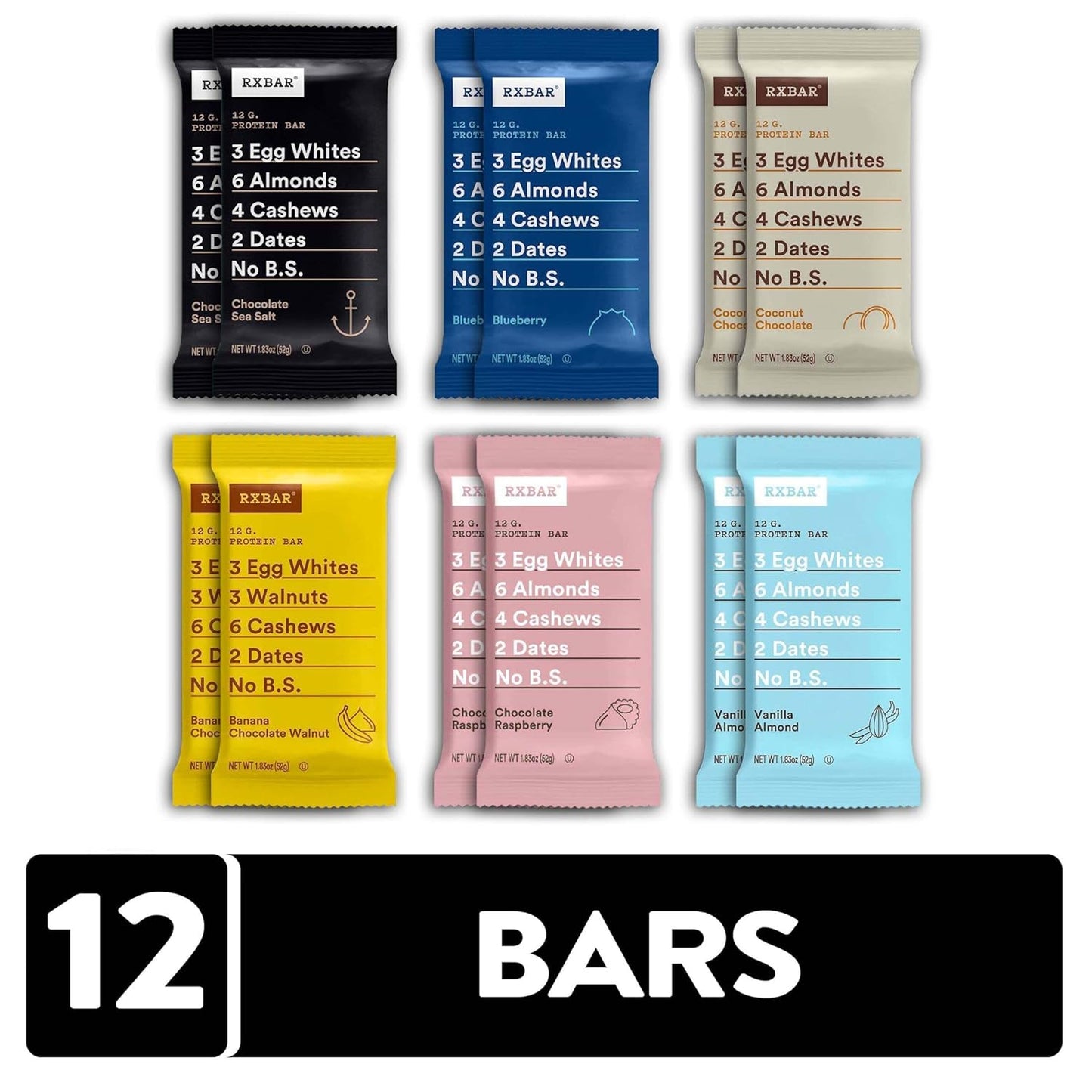 RXBAR Protein Bar Variety Pack - 1.83oz Bars, 6 Flavors - 12 Count Pack