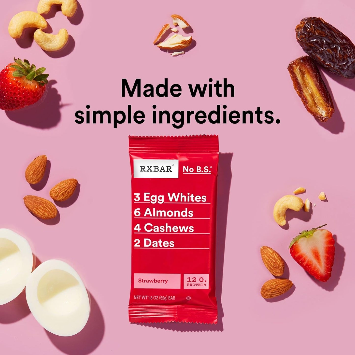 RXBAR Strawberry Protein Bars - 12g Protein, Gluten Free Snacks - 22oz Box (12 Bars)