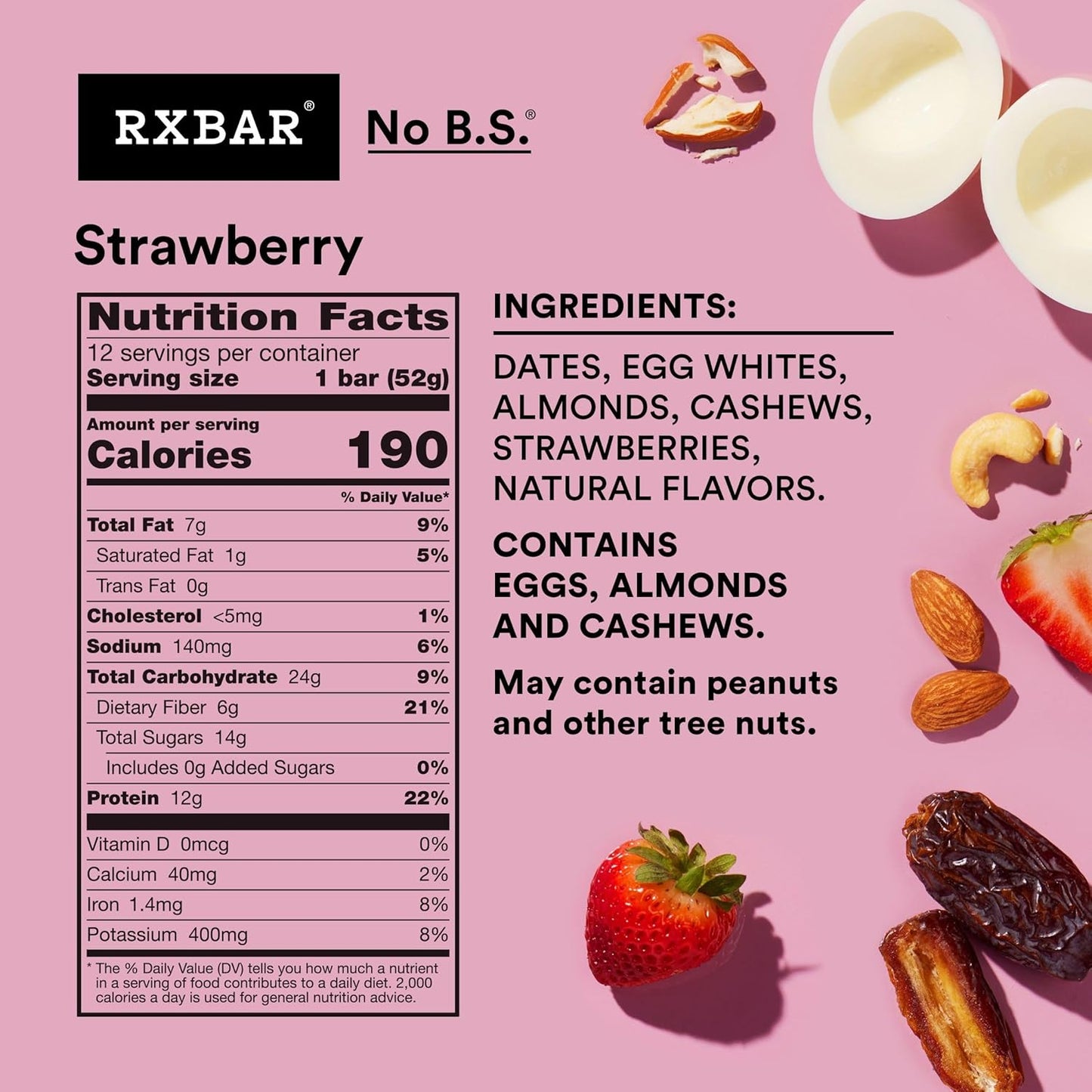 RXBAR Strawberry Protein Bars - 12g Protein, Gluten Free Snacks - 22oz Box (12 Bars)