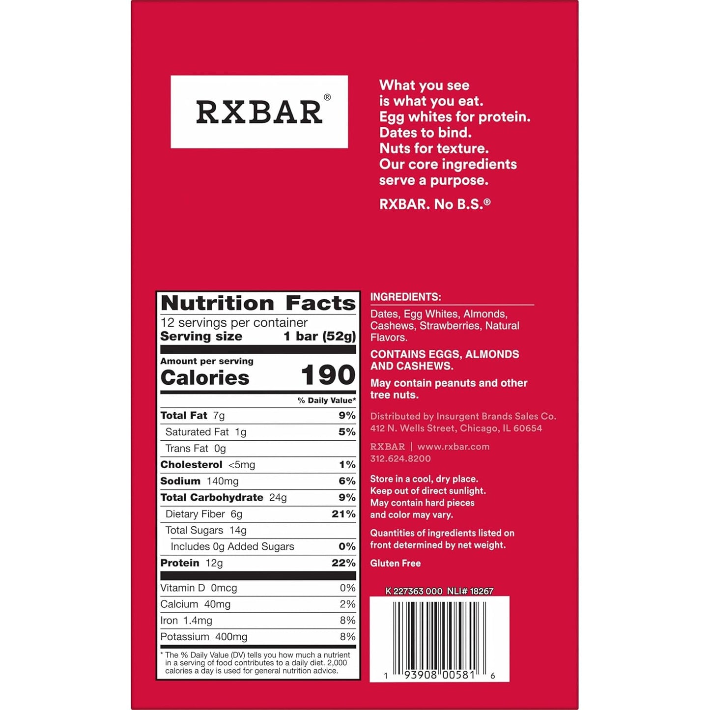 RXBAR Strawberry Protein Bars - 12g Protein, Gluten Free Snacks - 22oz Box (12 Bars)