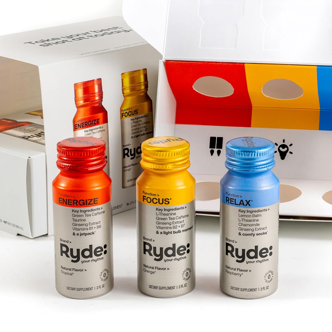 Ryde: Energize, Focus, Relax Shots Variety Pack - Green Tea Caffeine, Taurine, Ginseng, B Vitamins, L-Theanine, Lemon Balm, Chamomile - 0 Cal, 0 Sugar - 6 Pack