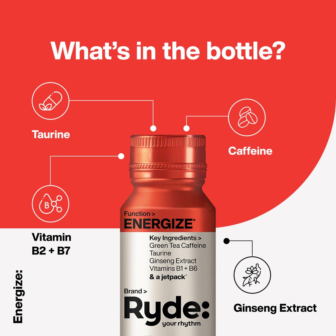Ryde: Energize, Focus, Relax Shots Variety Pack - Green Tea Caffeine, Taurine, Ginseng, B Vitamins, L-Theanine, Lemon Balm, Chamomile - 0 Cal, 0 Sugar - 6 Pack