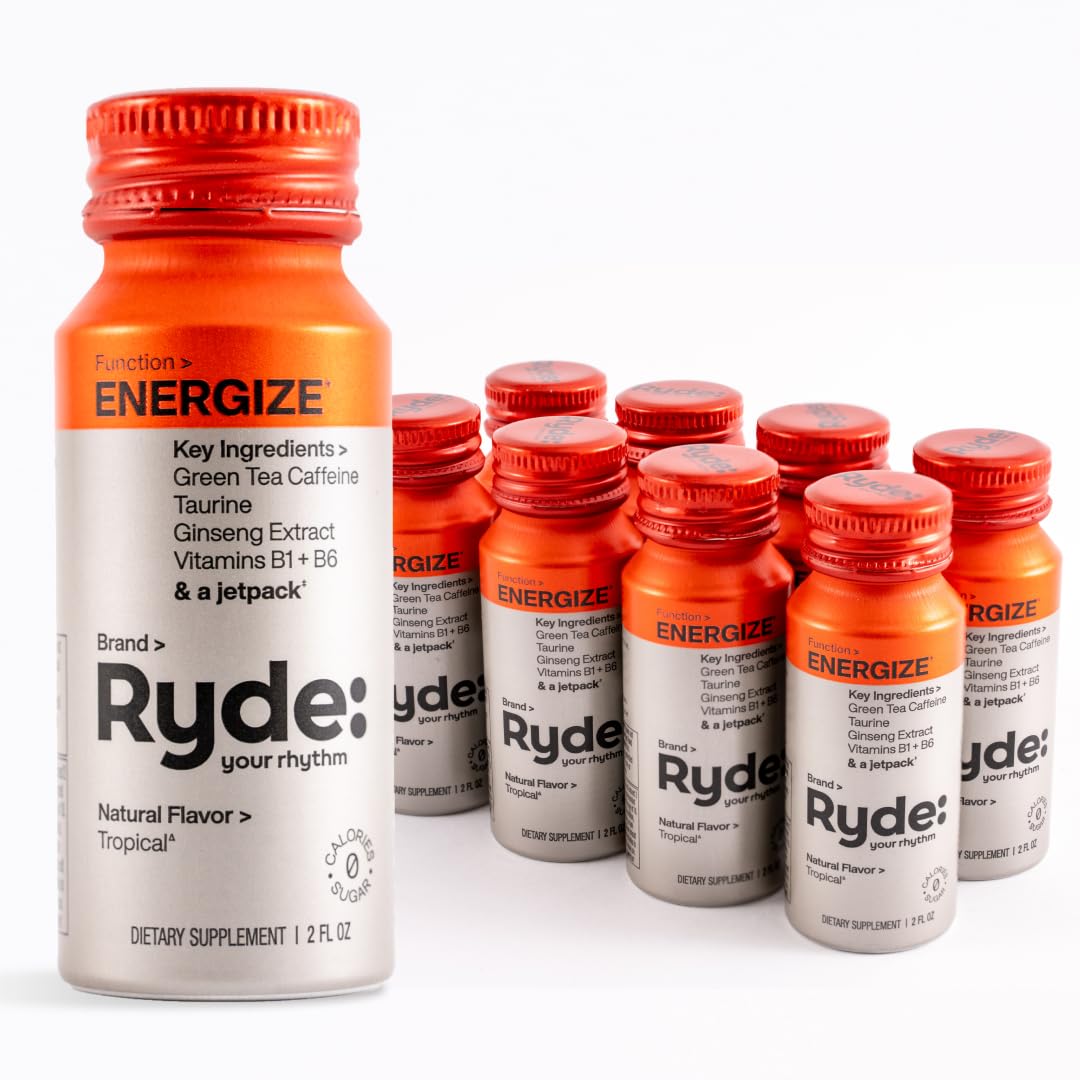Ryde Energize Shot - Tropical Flavor with Green Tea Caffeine, Taurine, Ginseng & B Vitamins - 0 Calorie, 0 Sugar Energy Boost (8 Pack)