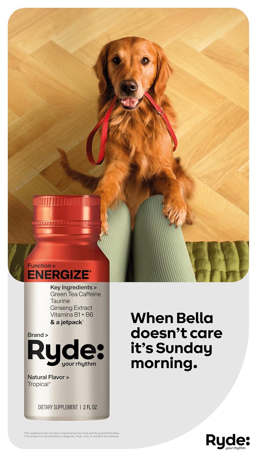 Ryde Energize Shot - Tropical Flavor with Green Tea Caffeine, Taurine, Ginseng & B Vitamins - 0 Calorie, 0 Sugar Energy Boost (8 Pack)