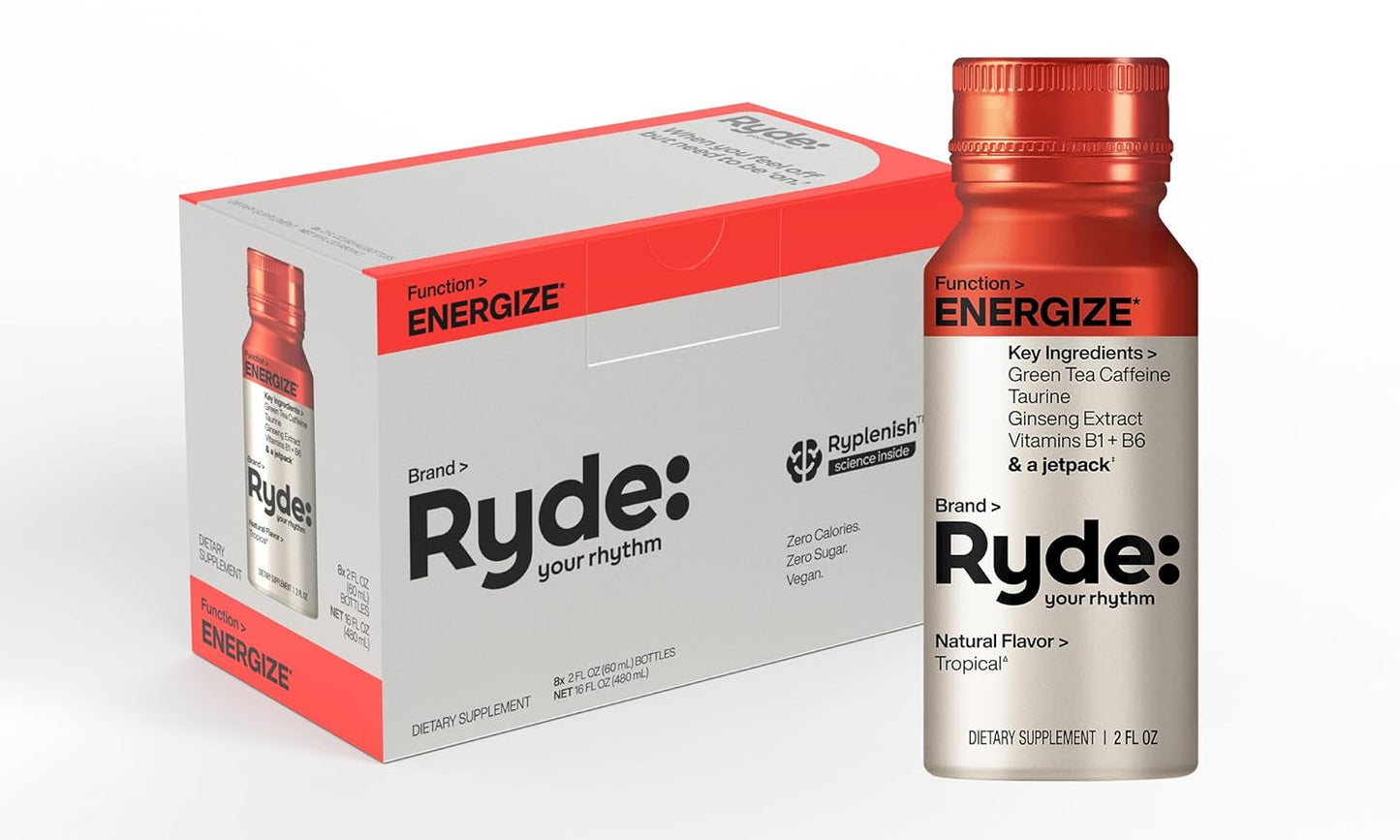 Ryde Energize Shot - Tropical Flavor with Green Tea Caffeine, Taurine, Ginseng & B Vitamins - 0 Calorie, 0 Sugar Energy Boost (8 Pack)