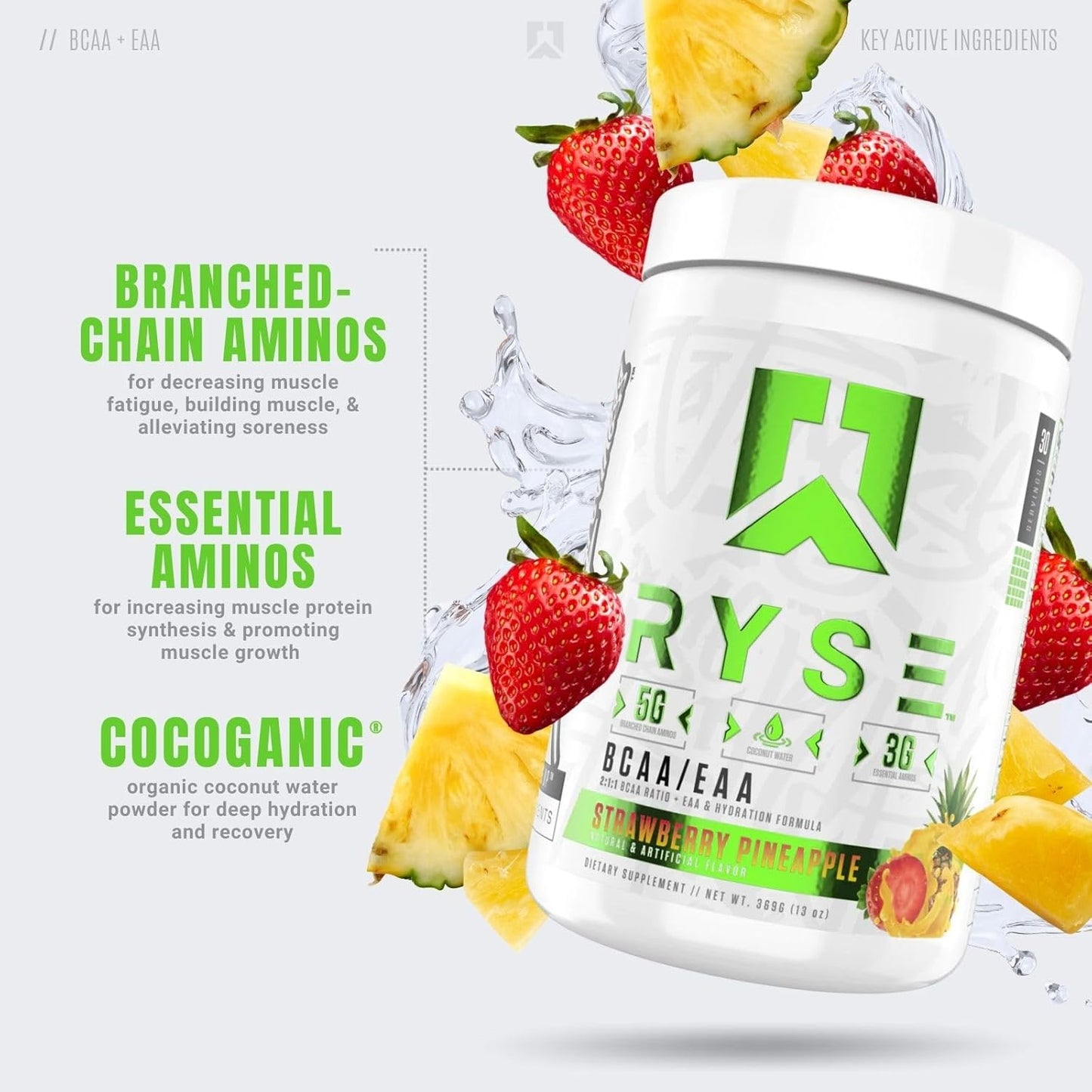 RYSE Core Series BCAA+EAA Supplement - 30 Servings, Strawberry Pineapple Flavor - 5g BCAAs, 3g EAAs - Recover, Hydrate, Build