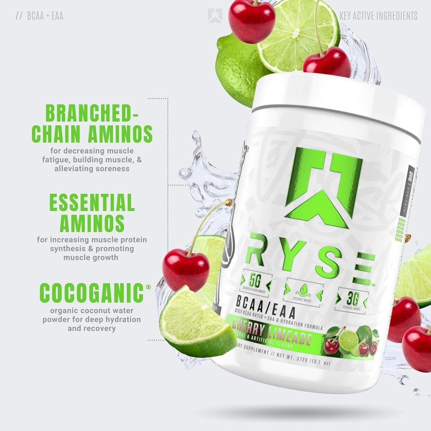RYSE Core Series BCAA+EAA Supplements - Recover, Hydrate, Build - 5g BCAAs, 3g EAAs - 30 Servings Cherry Limeade