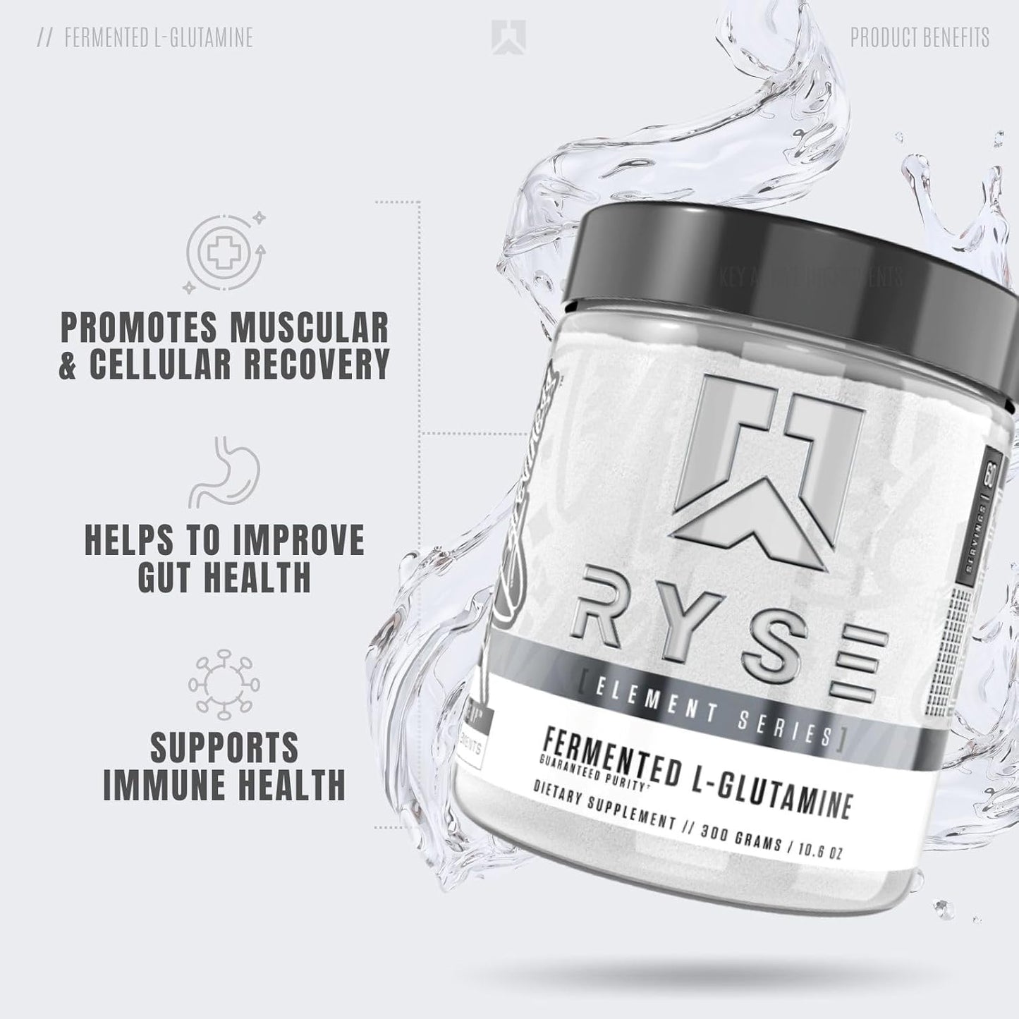 RYSE Element Series Fermented L-Glutamine Amino-Acid Supplement for Recovery, Hydration, Gut & Immune Health - 60 Servings