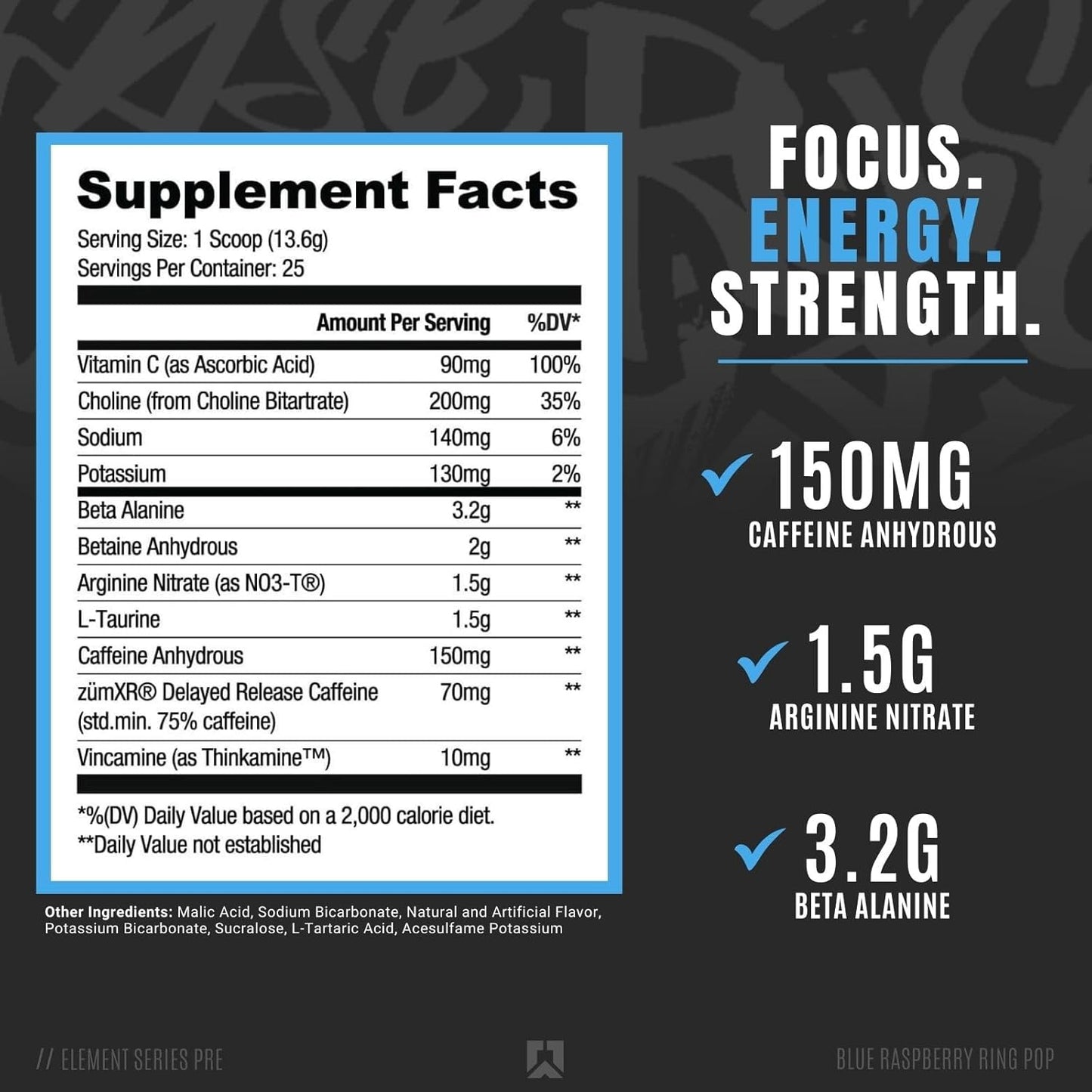 RYSE Element Series Pre-Workout Supplement - Blue Raspberry Ring Pop Flavor | Boost Energy & Performance with Beta Alanine, NO3-T Nitrates, 200mg Caffeine | 25 Servings