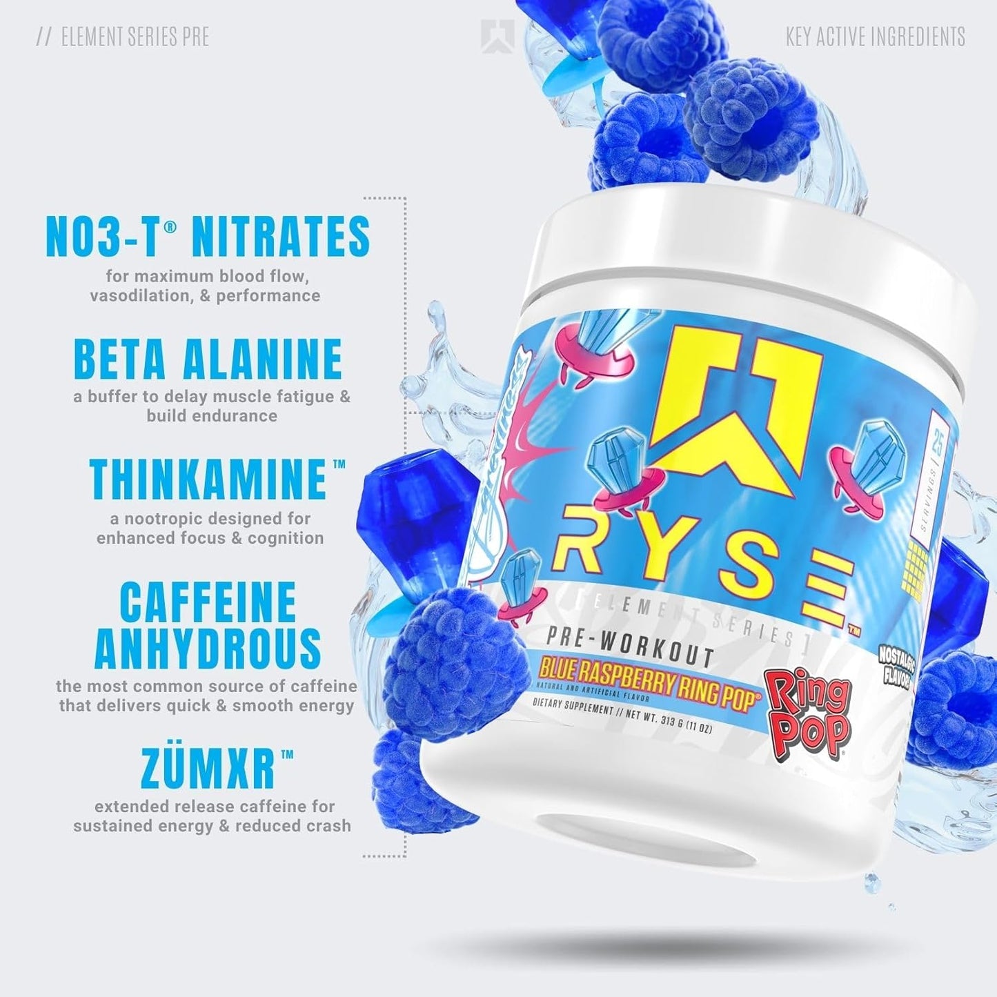 RYSE Element Series Pre-Workout Supplement - Blue Raspberry Ring Pop Flavor | Boost Energy & Performance with Beta Alanine, NO3-T Nitrates, 200mg Caffeine | 25 Servings