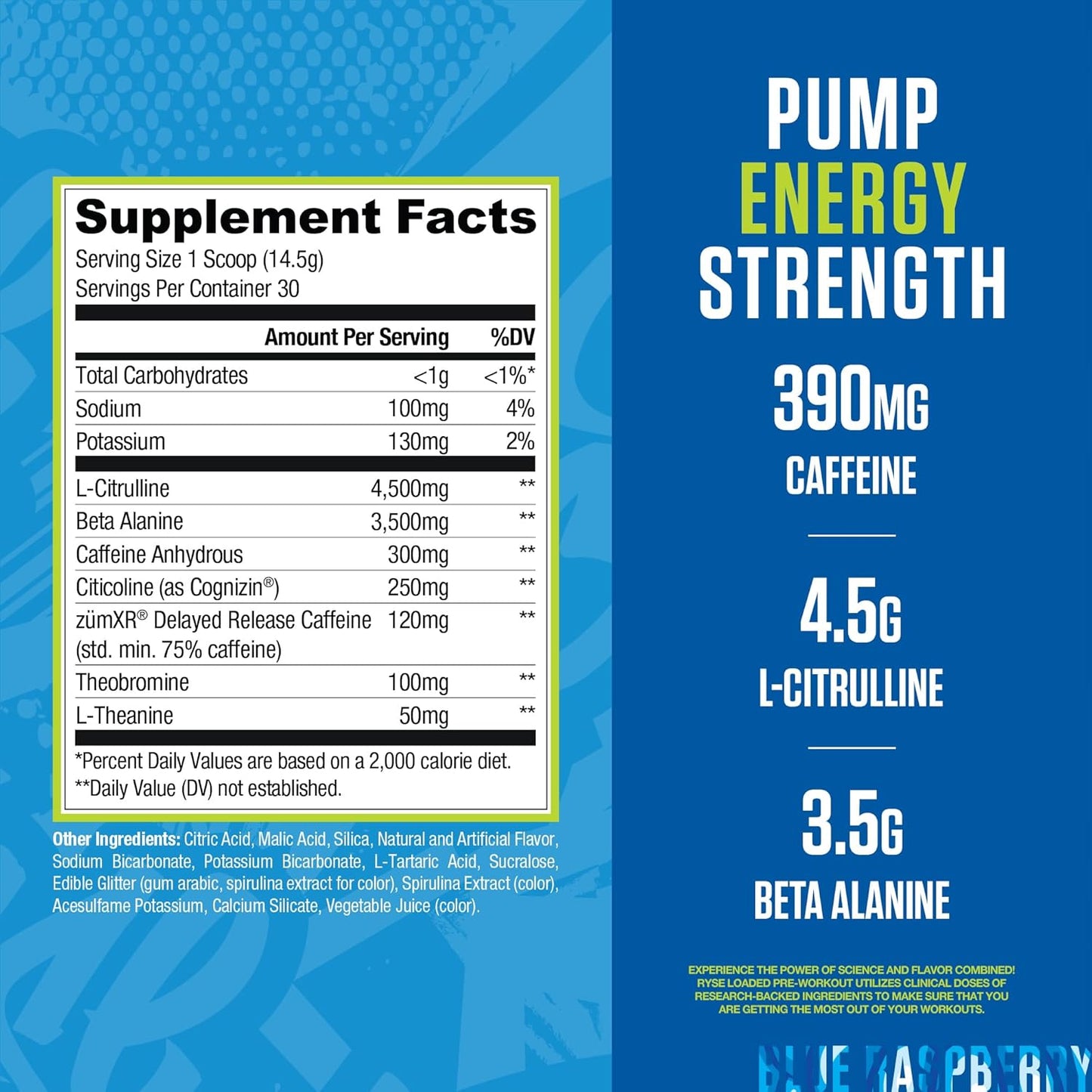Ryse Loaded Pre Workout Powder Supplement | Boosts Energy, Focus, and Performance | Beta Alanine + Citrulline | 390mg Caffeine | 30 Servings (Sour Punch Blue Raz)