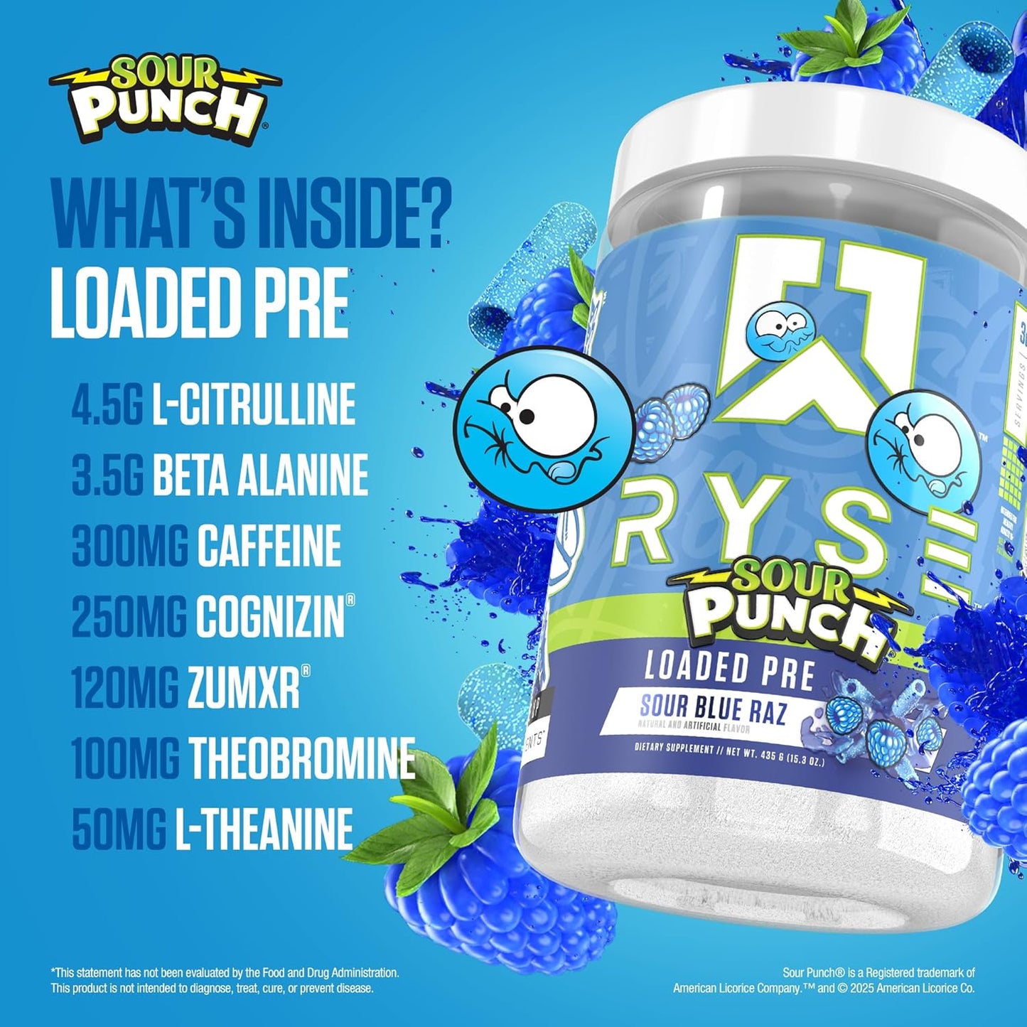 Ryse Loaded Pre Workout Powder Supplement | Boosts Energy, Focus, and Performance | Beta Alanine + Citrulline | 390mg Caffeine | 30 Servings (Sour Punch Blue Raz)