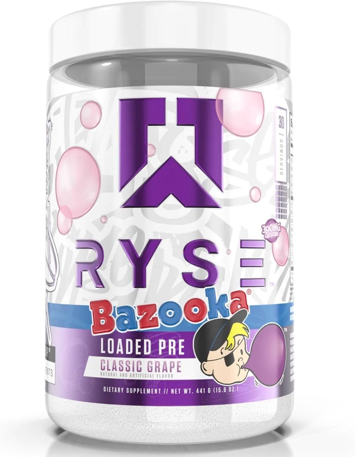 RYSE Loaded Pre Workout Powder Supplement for Men & Women - Bazooka Grape Flavor - Boosts Energy, Pumps, & Focus - Beta Alanine, Citrulline, 390mg Caffeine - 30 Servings