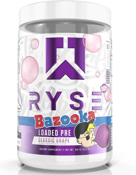 RYSE Loaded Pre Workout Powder Supplement for Men & Women - Bazooka Grape Flavor - Boosts Energy, Pumps, & Focus - Beta Alanine, Citrulline, 390mg Caffeine - 30 Servings