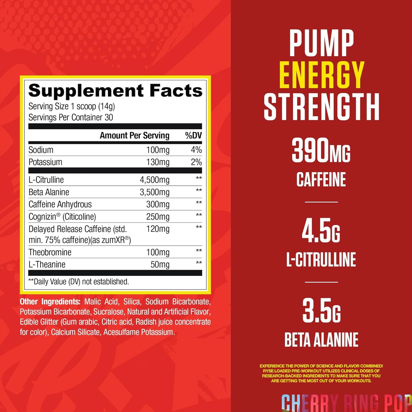 RYSE Loaded Pre Workout Powder Supplement for Men & Women | Cherry Ring Pop Flavor | Boost Energy, Focus, and Pump | 390mg Caffeine | 30 Servings