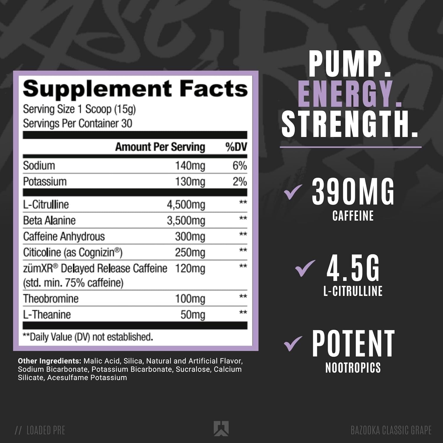 RYSE Loaded Pre Workout Powder Supplement for Men & Women - Bazooka Grape Flavor - Boosts Energy, Pumps, & Focus - Beta Alanine, Citrulline, 390mg Caffeine - 30 Servings