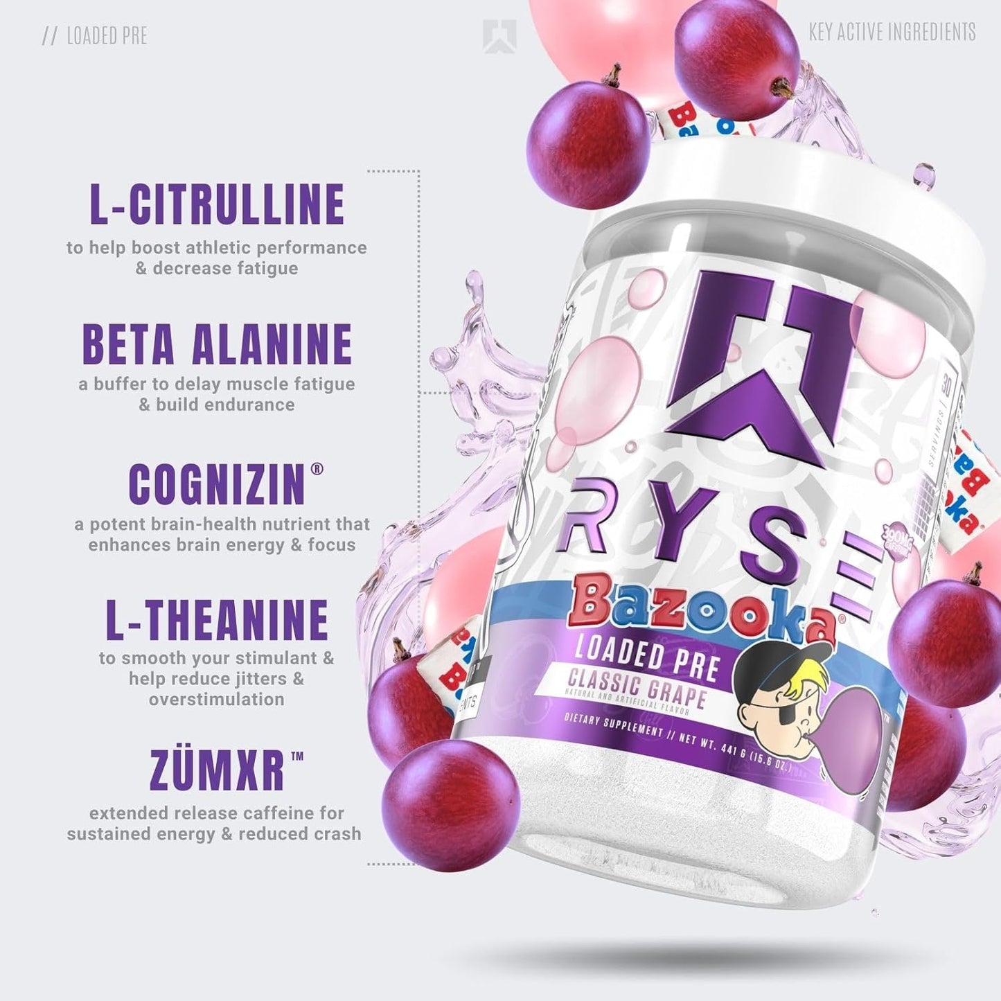 RYSE Loaded Pre Workout Powder Supplement for Men & Women - Bazooka Grape Flavor - Boosts Energy, Pumps, & Focus - Beta Alanine, Citrulline, 390mg Caffeine - 30 Servings