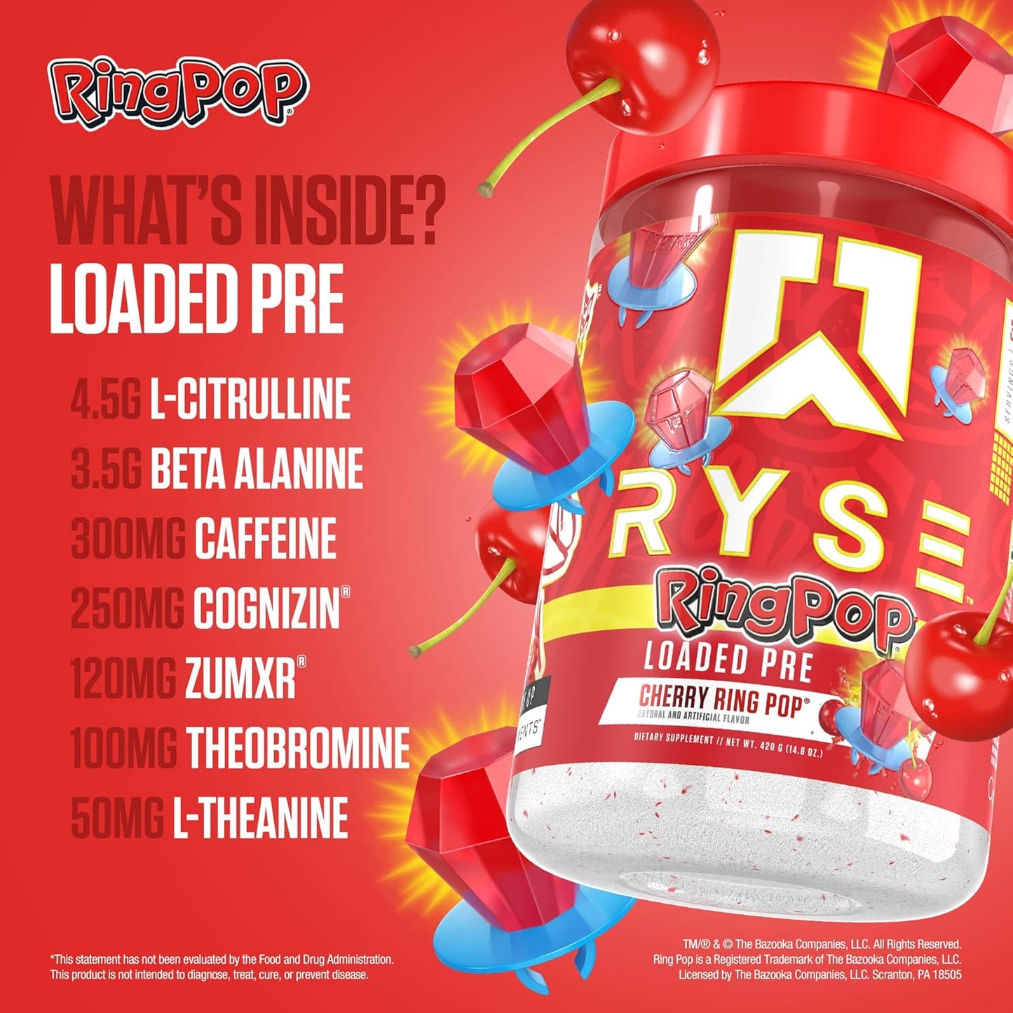 RYSE Loaded Pre Workout Powder Supplement for Men & Women | Cherry Ring Pop Flavor | Boost Energy, Focus, and Pump | 390mg Caffeine | 30 Servings
