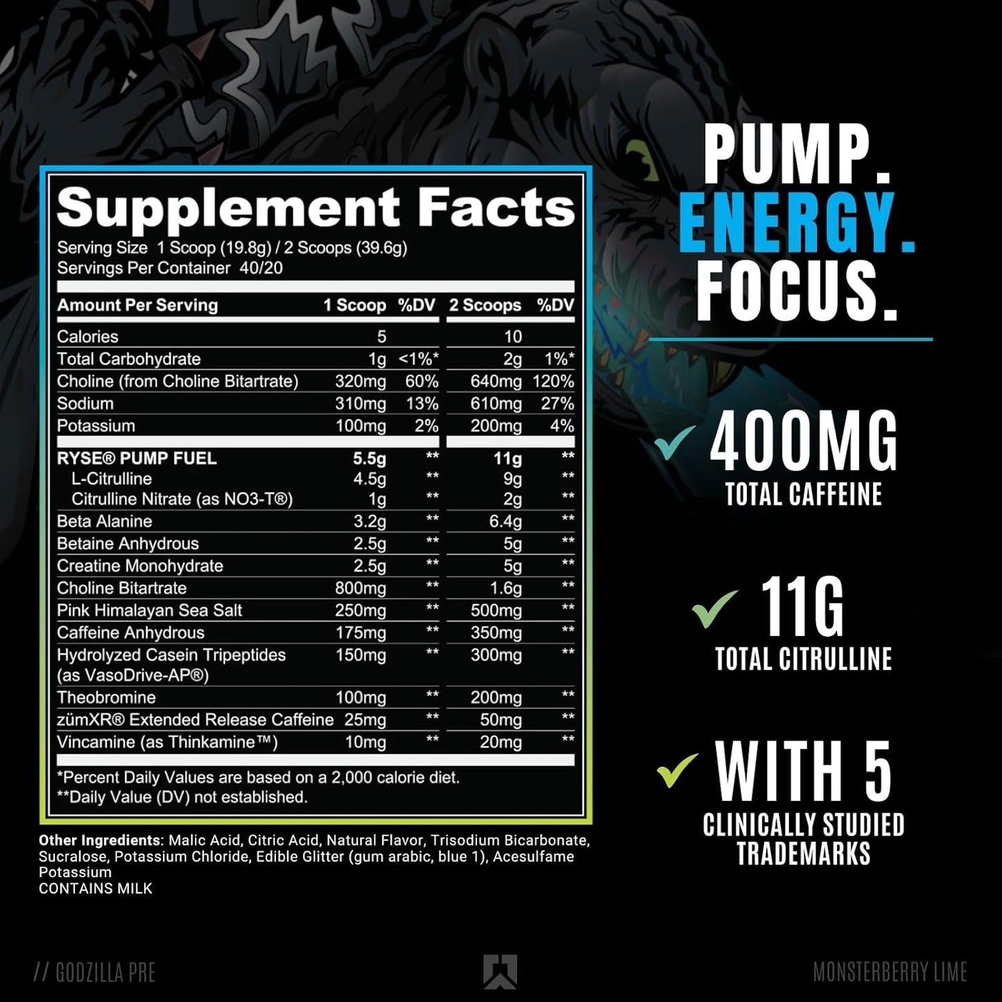 RYSE Noel Deyzel x Godzilla Pre Workout Supplement for Intense Pumps, Energy, & Focus - Citrulline, Beta Alanine, 400mg Caffeine - 40 Servings (Monsterberry Lime)