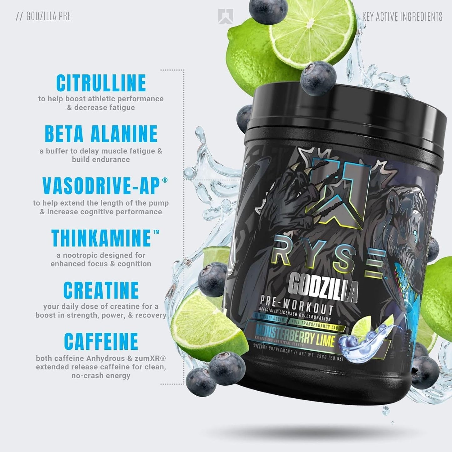 RYSE Noel Deyzel x Godzilla Pre Workout Supplement for Intense Pumps, Energy, & Focus - Citrulline, Beta Alanine, 400mg Caffeine - 40 Servings (Monsterberry Lime)
