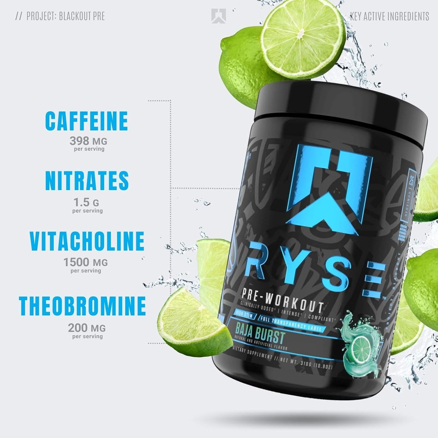 RYSE Project Blackout Pre Workout Supplement - Boost Pump, Energy, & Strength with Caffeine, Vitacholine, Nitrates, and Theobromine - 25 Servings (Baja Burst)