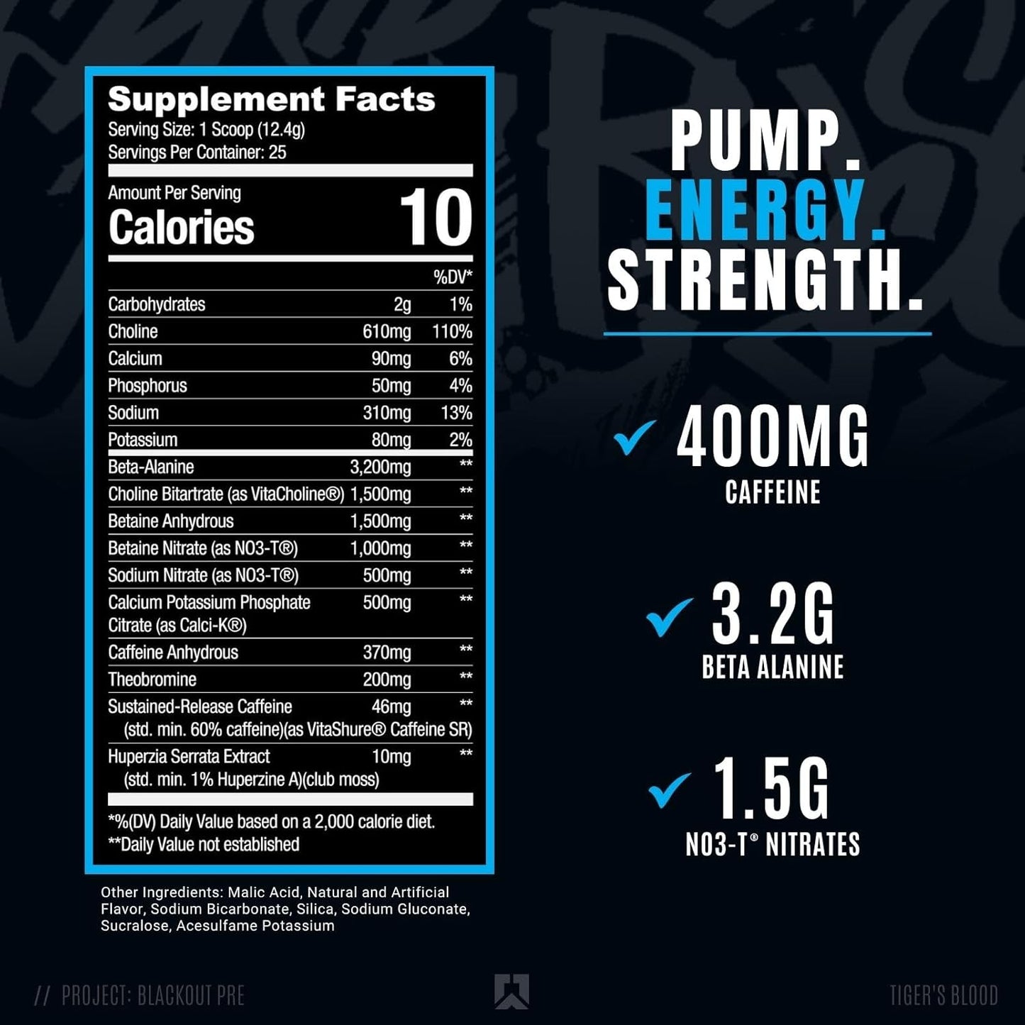 RYSE Project Blackout Pre Workout Supplement with Caffeine, Vitacholine, Nitrates, and Theobromine for Pump, Energy, and Strength - Tiger's Blood Flavor - 25 Servings