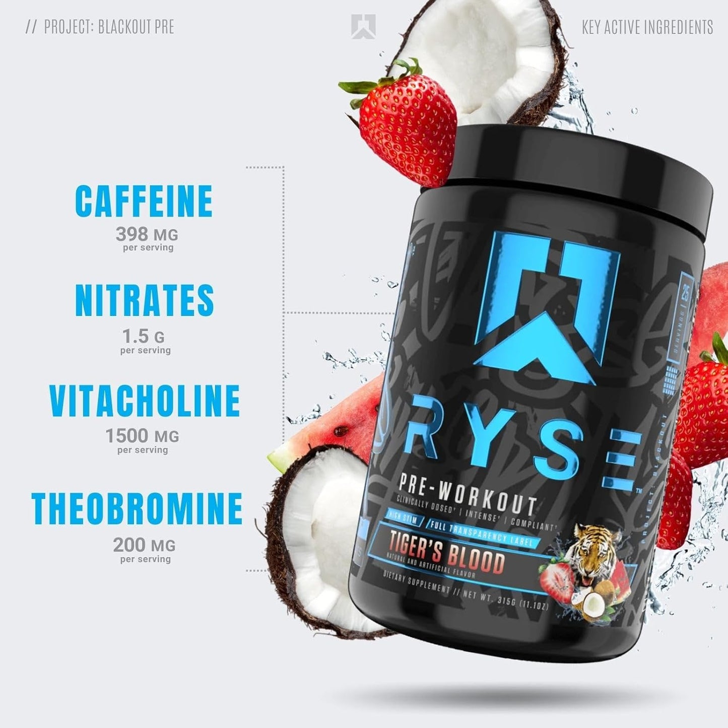 RYSE Project Blackout Pre Workout Supplement with Caffeine, Vitacholine, Nitrates, and Theobromine for Pump, Energy, and Strength - Tiger's Blood Flavor - 25 Servings
