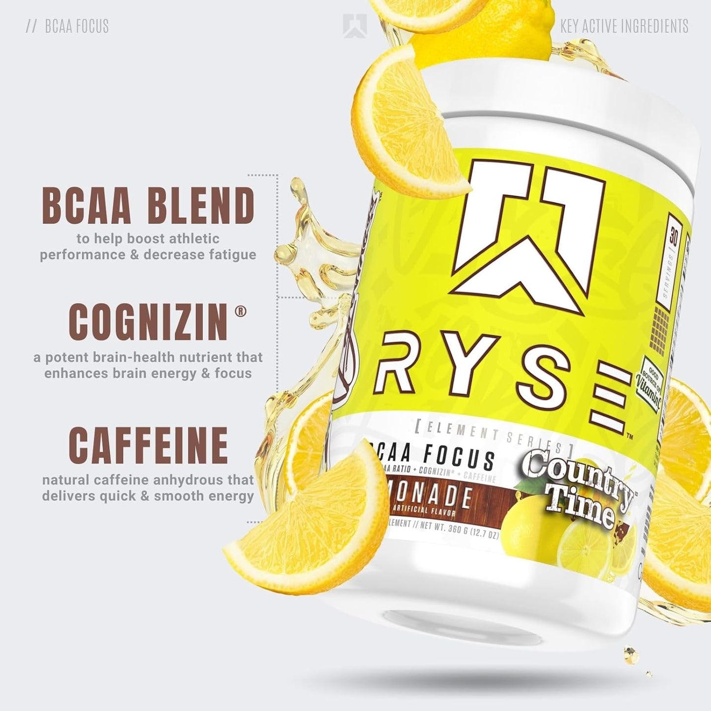RYSE Up Element Series BCAA Focus Supplement - Hydrate, Focus, Recover - Versatile Blend with BCAAs, Caffeine, & Electrolytes - 30 Servings (Country Time Lemonade)