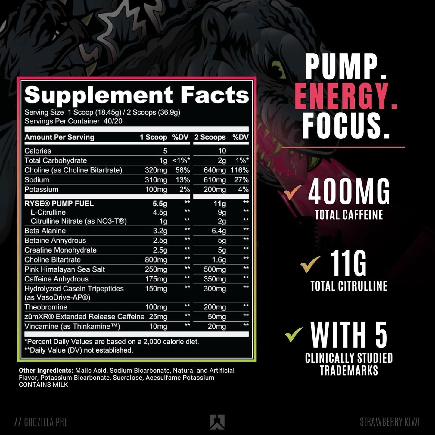 RYSE Up Godzilla Pre Workout by Noel Deyzel for Intense Energy & Focus with Citrulline, Beta Alanine, & 400mg Caffeine - 40 Servings