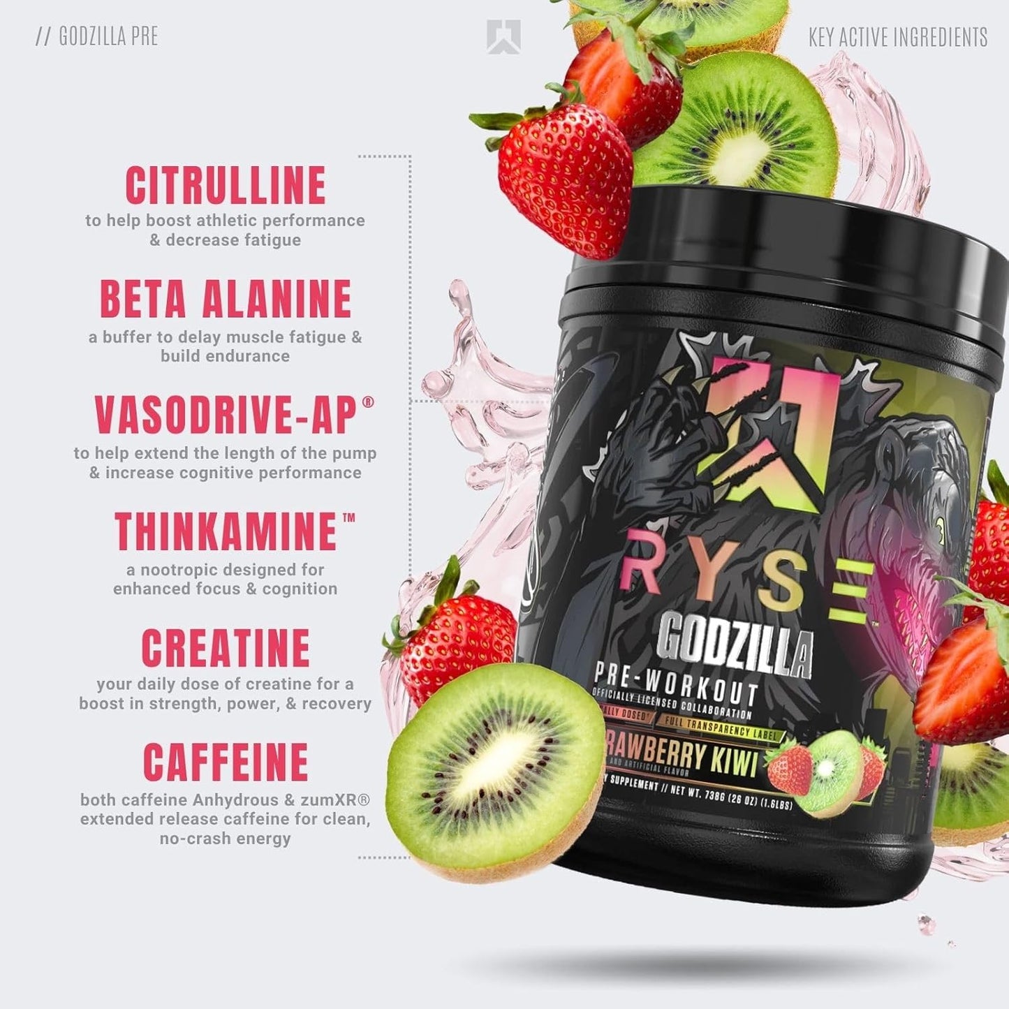 RYSE Up Godzilla Pre Workout by Noel Deyzel for Intense Energy & Focus with Citrulline, Beta Alanine, & 400mg Caffeine - 40 Servings