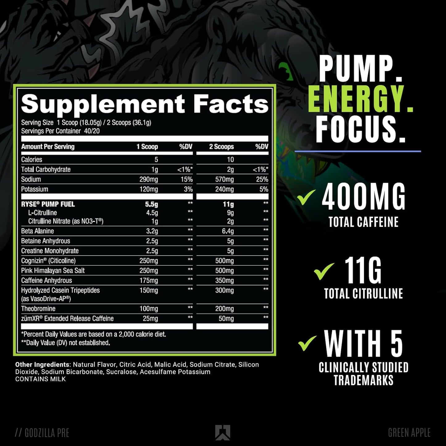 RYSE Up Noel Deyzel Pre Workout Supplement - Citrulline, Beta Alanine, 400mg Caffeine - Intense Pumps, Energy, Focus - 40 Servings - Green Apple