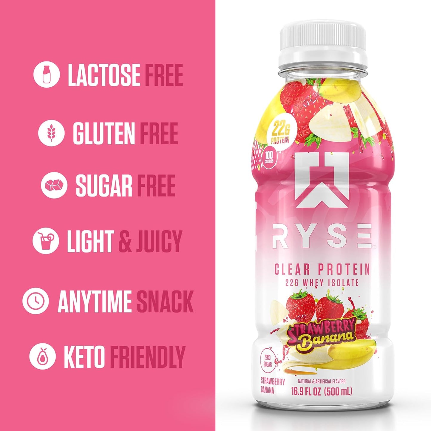 RYSE Up Supplements Strawberry Banana Clear Whey Isolate Protein Shake - 100 Calories, 22g Protein, Sugar Free - 16.9 fl oz (12 pack) - Lactose Free