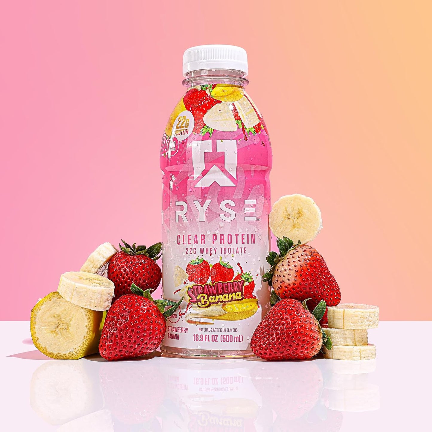 RYSE Up Supplements Strawberry Banana Clear Whey Isolate Protein Shake - 100 Calories, 22g Protein, Sugar Free - 16.9 fl oz (12 pack) - Lactose Free