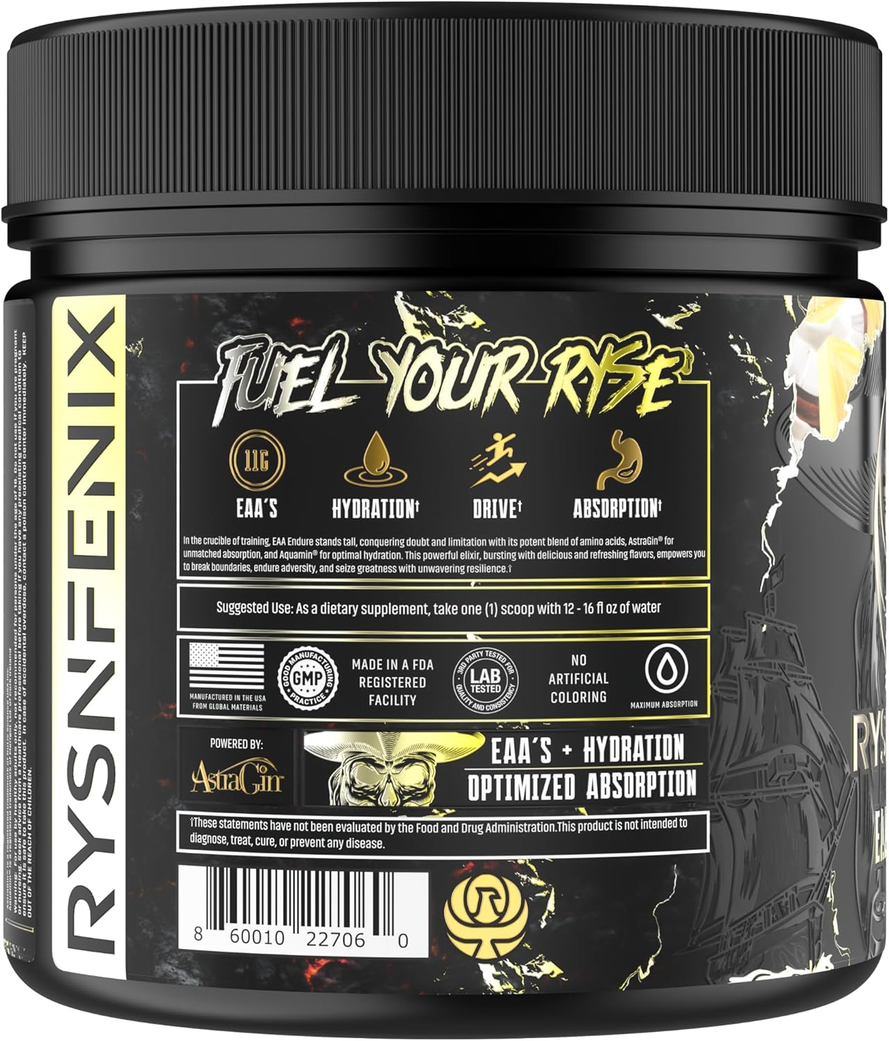 RysnFenix EAA Endure: 11g EAA + BCAA Blend with Astragin & Black Pepper Extract for Optimal Amino Acid Absorption, Aquamin Electrolytes for Hydration | 25 Servings (Pina Colada)