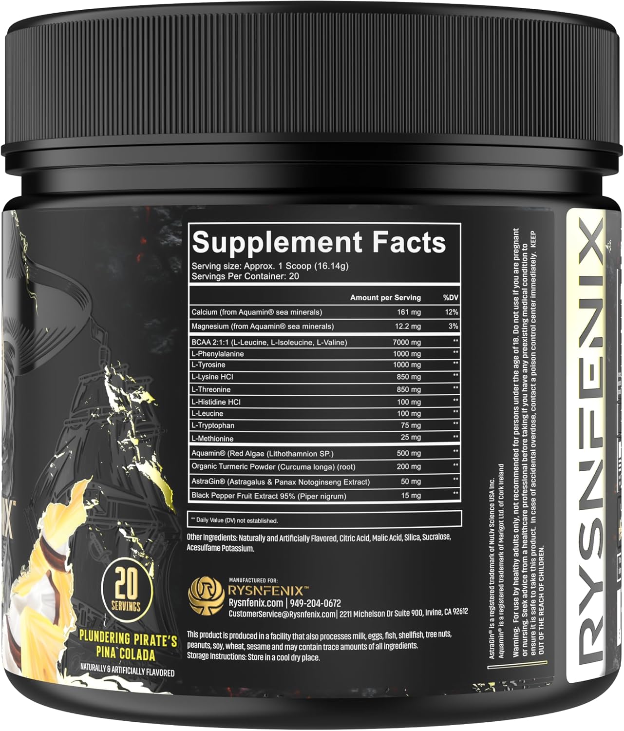 RysnFenix EAA Endure: 11g EAA + BCAA Blend with Astragin & Black Pepper Extract for Optimal Amino Acid Absorption, Aquamin Electrolytes for Hydration | 25 Servings (Pina Colada)