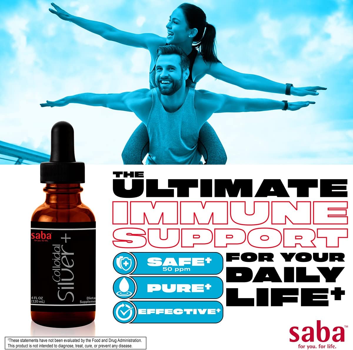 Saba Colloidal Silver 50PPM 4Fl Oz - Seasonal Wellness & Immune Support - Multi-Use Household Must-Have for Life's Little Accidents - 24 Servings