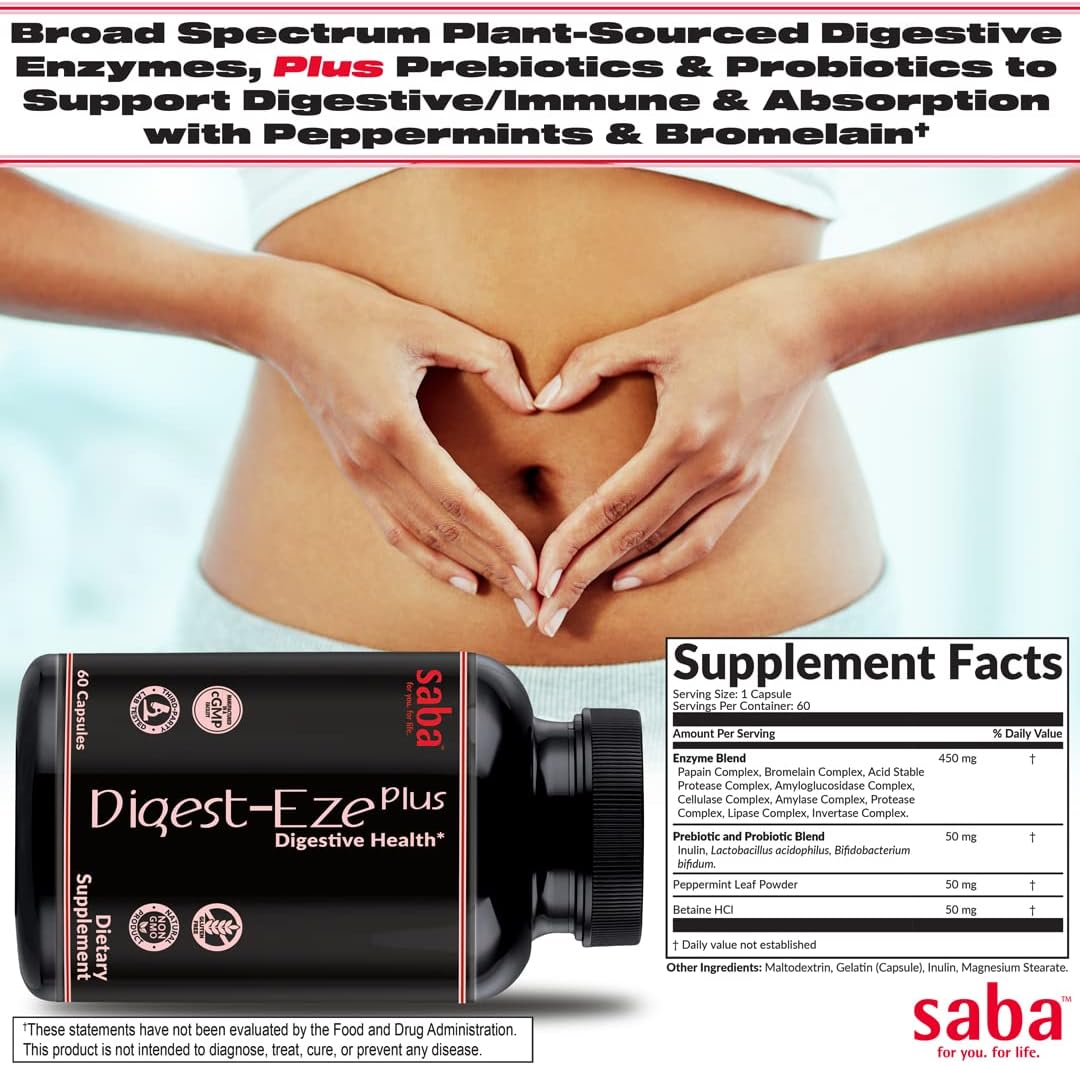 Saba Digestive-EZE Plus: Plant-Based Enzymes & Probiotics for Digestive Health - 60 Capsules