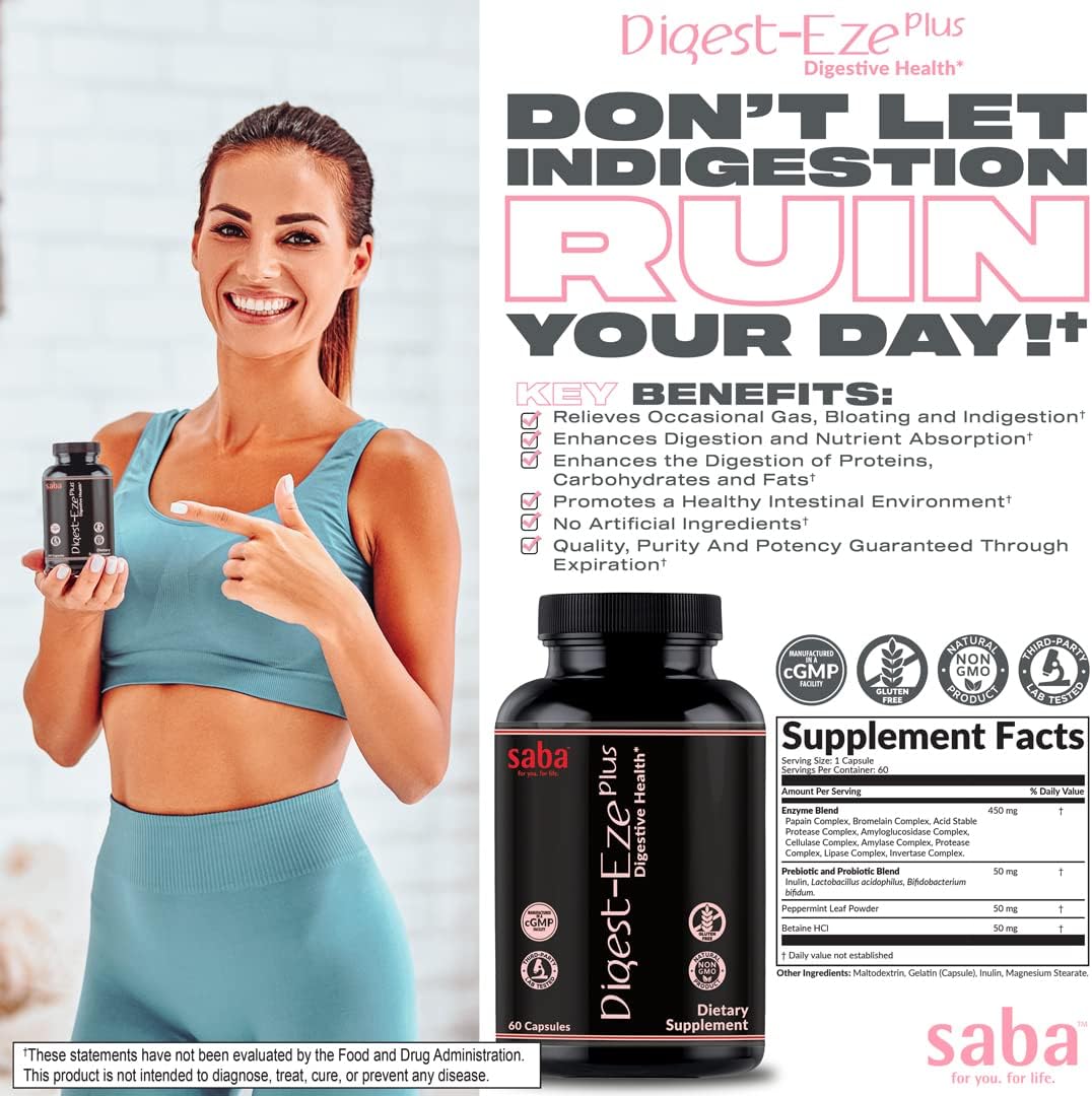 Saba Digestive-EZE Plus: Plant-Based Enzymes & Probiotics for Digestive Health - 60 Capsules