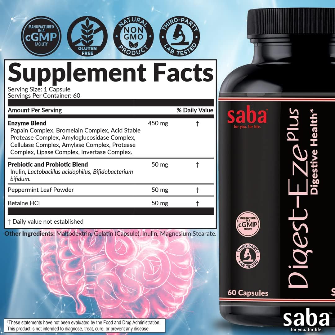 Saba Digestive-EZE Plus: Plant-Based Enzymes & Probiotics for Digestive Health - 60 Capsules