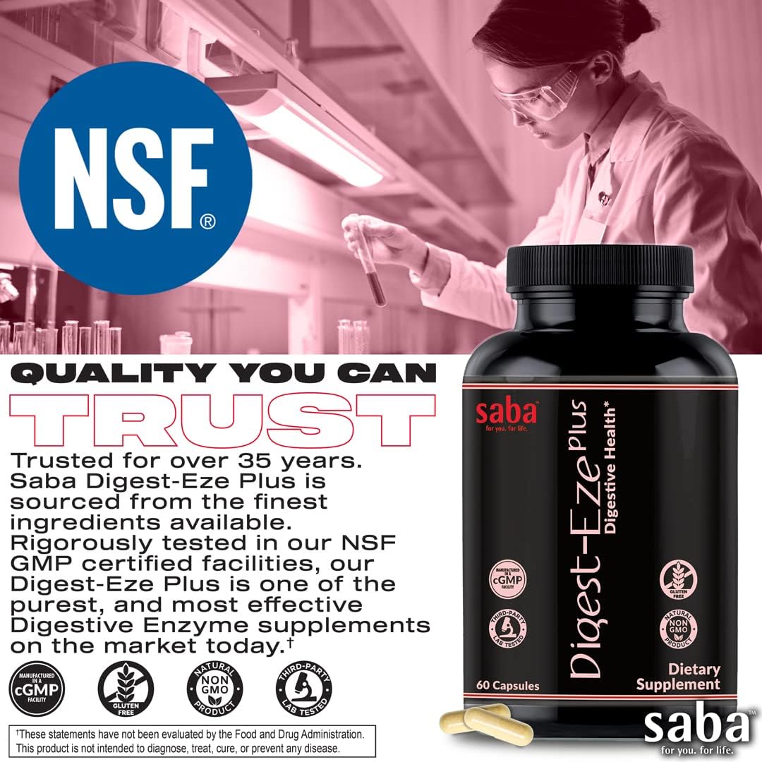 Saba Digestive-EZE Plus: Plant-Based Enzymes & Probiotics for Digestive Health - 60 Capsules