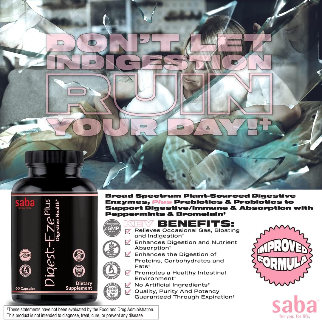 Saba Digestive-EZE Plus: Plant-Based Enzymes & Probiotics for Digestive Health - 60 Capsules