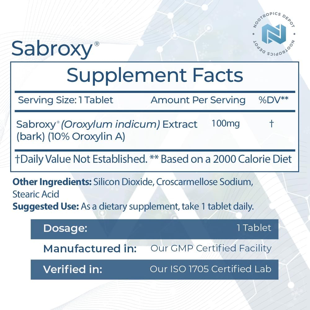 Sabroxy® Tablets - 100mg, 90 Count - 10% Oroxylin-A - Oroxylum indicum - Promotes Focus, Motivation, Cognitive Function