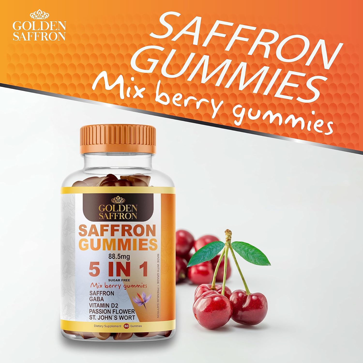 Saffron Gummies with GABA, Vitamin D2, and Herbal Extracts for Holistic Wellness - Vegan Cherries Flavor