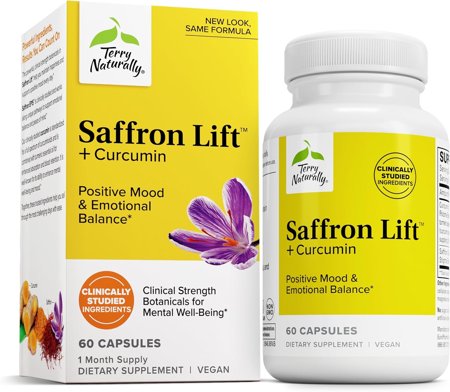 Saffron Lift + Curcumin Herbal Supplement for Concentration & Relaxation - 60 Non-GMO Capsules