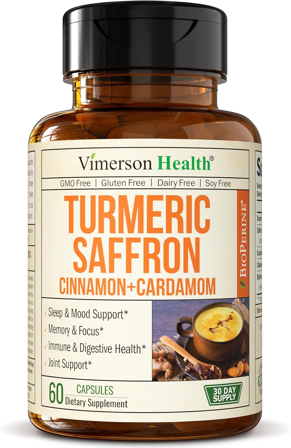 Saffron Turmeric Curcumin Supplement with Black Pepper, Cardamom, and Cinnamon Pills for Mood, Memory, and Eye Health - Joint Support for Women & Men - 60 Capsules